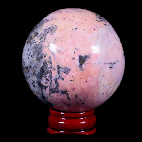 XL 52MM Natural Rhodonite Mineral Crystal Sphere Ball Peru Rosewood Stand - Fossil Age Minerals