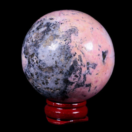 XL 52MM Natural Rhodonite Mineral Crystal Sphere Ball Peru Rosewood Stand