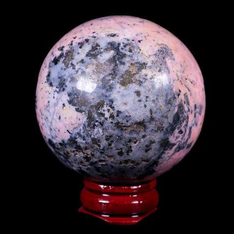 XL 52MM Natural Rhodonite Mineral Crystal Sphere Ball Peru Rosewood Stand - Fossil Age Minerals