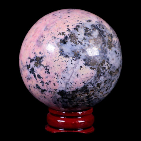 XL 52MM Natural Rhodonite Mineral Crystal Sphere Ball Peru Rosewood Stand - Fossil Age Minerals