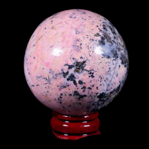 XL 52MM Natural Rhodonite Mineral Crystal Sphere Ball Peru Rosewood Stand - Fossil Age Minerals