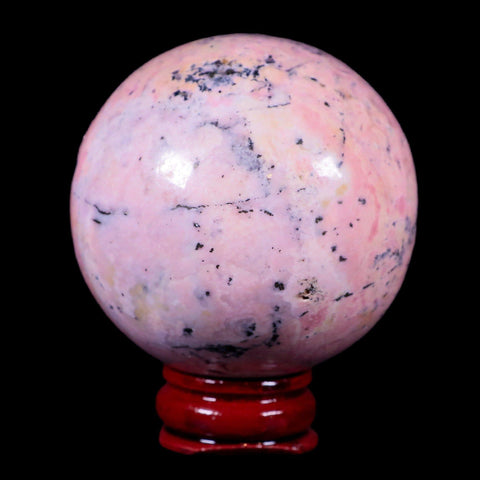 XL 52MM Natural Rhodonite Mineral Crystal Sphere Ball Peru Rosewood Stand - Fossil Age Minerals