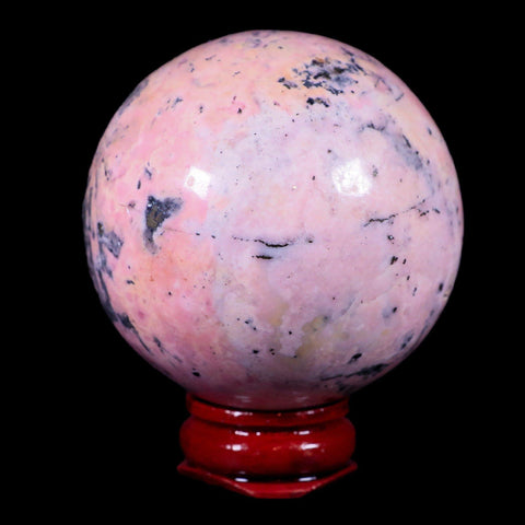 XL 52MM Natural Rhodonite Mineral Crystal Sphere Ball Peru Rosewood Stand - Fossil Age Minerals