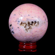 XL 53MM Natural Rhodonite Vug Mineral Crystal Sphere Ball Peru Rosewood Stand