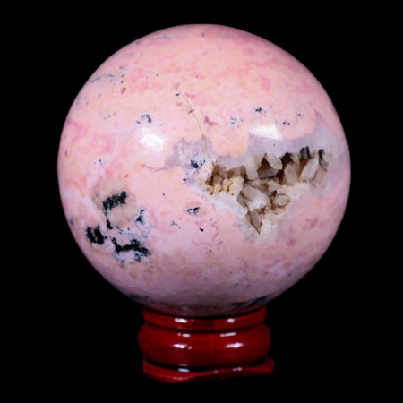 XL 53MM Natural Rhodonite Vug Mineral Crystal Sphere Ball Peru Rosewood Stand