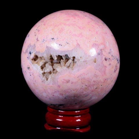 XL 53MM Natural Rhodonite Vug Mineral Crystal Sphere Ball Peru Rosewood Stand - Fossil Age Minerals