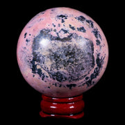 48MM Natural Rhodonite Mineral Crystal Sphere Ball Peru Rosewood Stand