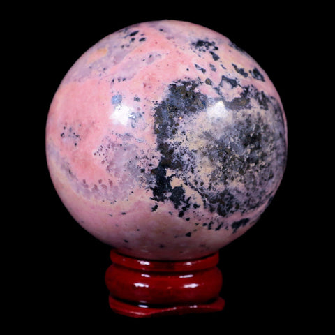 48MM Natural Rhodonite Mineral Crystal Sphere Ball Peru Rosewood Stand - Fossil Age Minerals