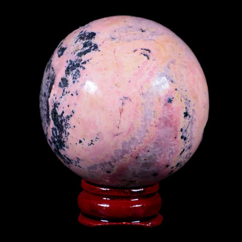 48MM Natural Rhodonite Mineral Crystal Sphere Ball Peru Rosewood Stand - Fossil Age Minerals