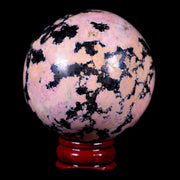 XL 53MM Natural Rhodonite Mineral Crystal Sphere Ball Peru Rosewood Stand