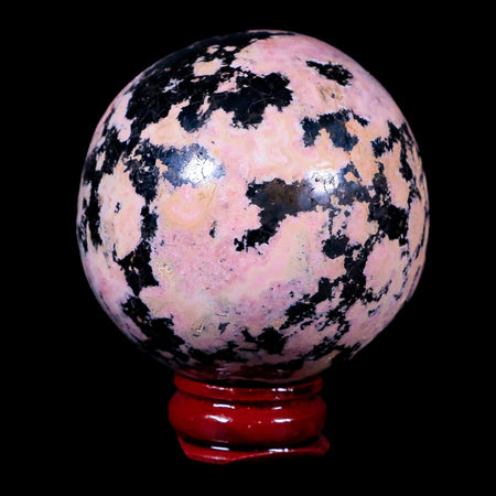 XL 53MM Natural Rhodonite Mineral Crystal Sphere Ball Peru Rosewood Stand