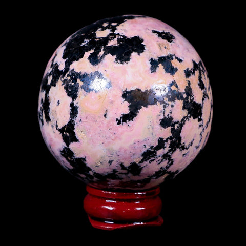 XL 53MM Natural Rhodonite Mineral Crystal Sphere Ball Peru Rosewood Stand - Fossil Age Minerals