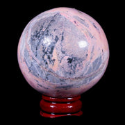 XL 52MM Natural Rhodonite Mineral Crystal Sphere Ball Peru Rosewood Stand