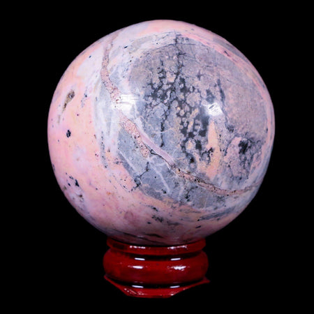 XL 52MM Natural Rhodonite Mineral Crystal Sphere Ball Peru Rosewood Stand