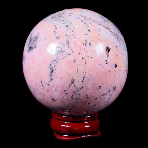 XL 52MM Natural Rhodonite Mineral Crystal Sphere Ball Peru Rosewood Stand - Fossil Age Minerals