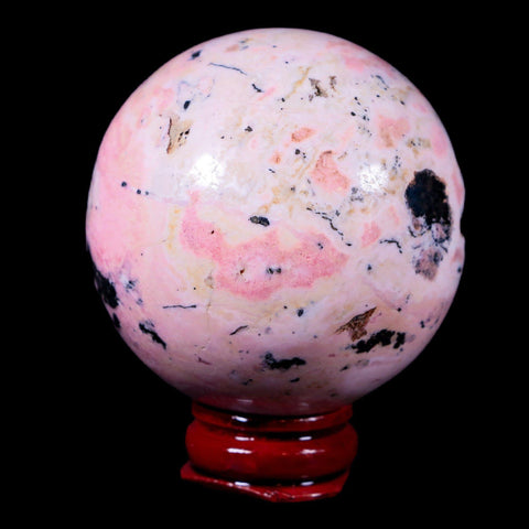 XL 53MM Natural Rhodonite Mineral Crystal Sphere Ball Peru Rosewood Stand - Fossil Age Minerals