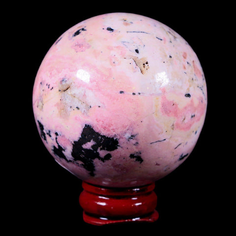 XL 53MM Natural Rhodonite Mineral Crystal Sphere Ball Peru Rosewood Stand - Fossil Age Minerals