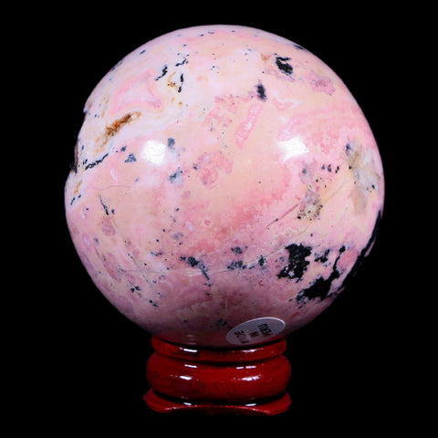 XL 53MM Natural Rhodonite Mineral Crystal Sphere Ball Peru Rosewood Stand - Fossil Age Minerals