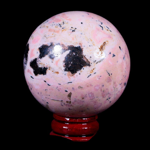 XL 53MM Natural Rhodonite Mineral Crystal Sphere Ball Peru Rosewood Stand - Fossil Age Minerals