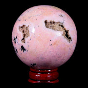 XL 52MM Natural Rhodonite Vug Mineral Crystal Sphere Ball Peru Rosewood Stand