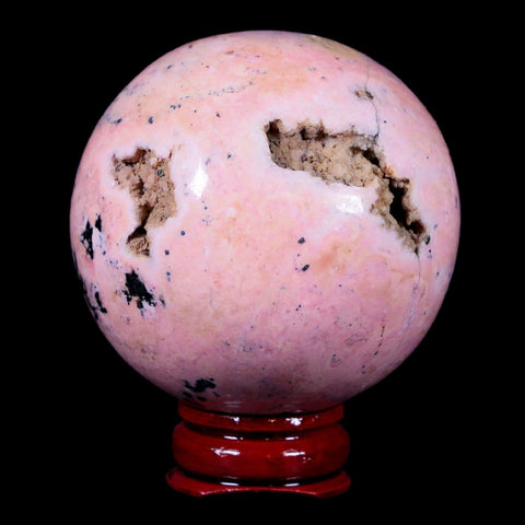 XL 52MM Natural Rhodonite Vug Mineral Crystal Sphere Ball Peru Rosewood Stand - Fossil Age Minerals