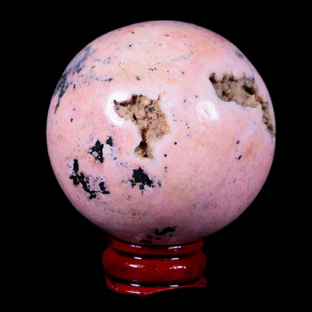 XL 52MM Natural Rhodonite Vug Mineral Crystal Sphere Ball Peru Rosewood Stand