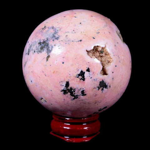 XL 52MM Natural Rhodonite Vug Mineral Crystal Sphere Ball Peru Rosewood Stand - Fossil Age Minerals