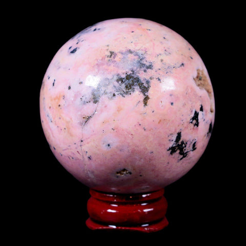 XL 52MM Natural Rhodonite Vug Mineral Crystal Sphere Ball Peru Rosewood Stand - Fossil Age Minerals