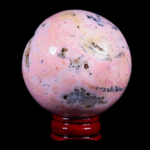 XL 52MM Natural Rhodonite Vug Mineral Crystal Sphere Ball Peru Rosewood Stand - Fossil Age Minerals