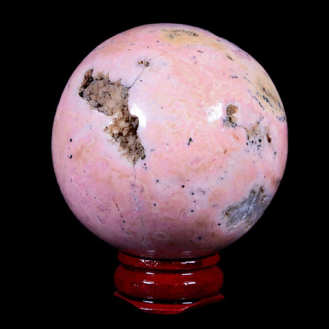 XL 52MM Natural Rhodonite Vug Mineral Crystal Sphere Ball Peru Rosewood Stand - Fossil Age Minerals