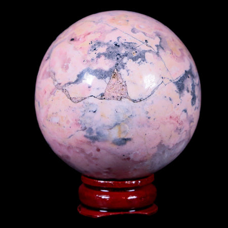 XL 52MM Natural Rhodonite Mineral Crystal Sphere Ball Peru Rosewood Stand