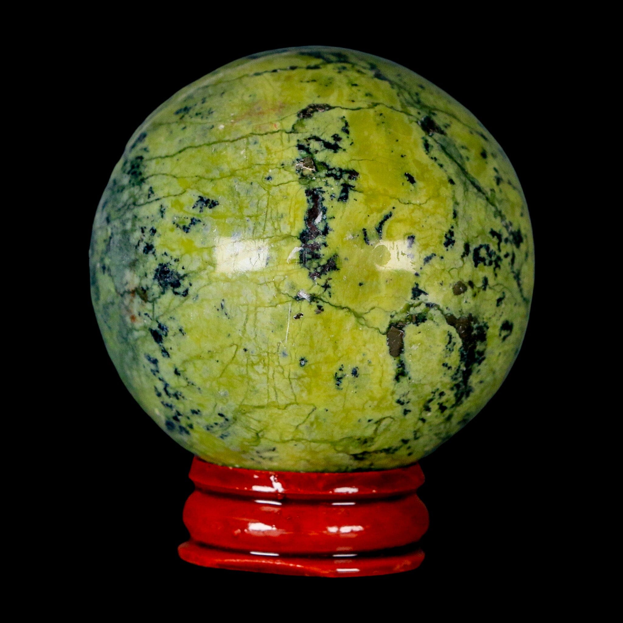 52MM Natural Green & Yellow Serpentine Pyrite Sphere Ball Orb Peru Stand - Fossil Age Minerals