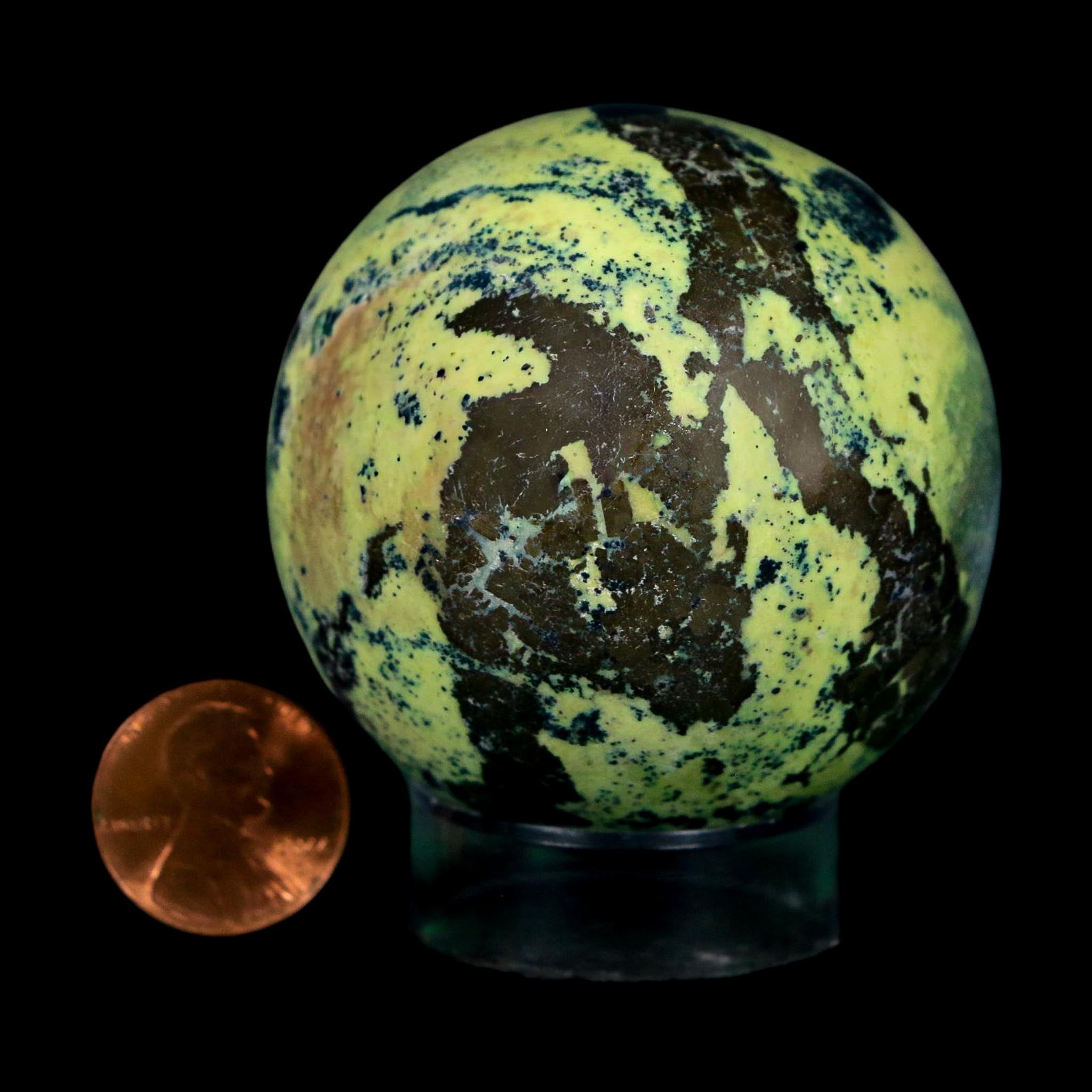 XL 53MM Natural Green & Yellow Serpentine Pyrite Sphere Ball Orb Peru Stand