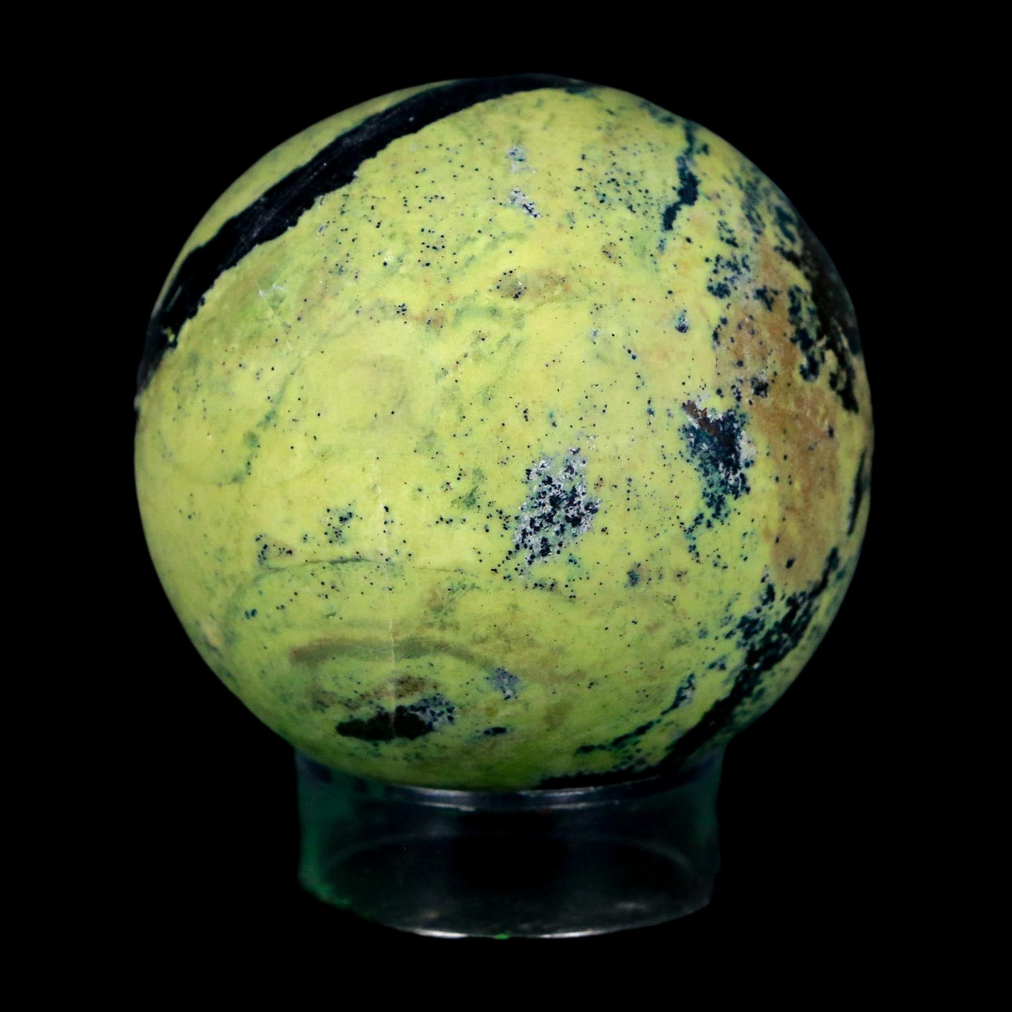 XL 53MM Natural Green & Yellow Serpentine Pyrite Sphere Ball Orb Peru Stand