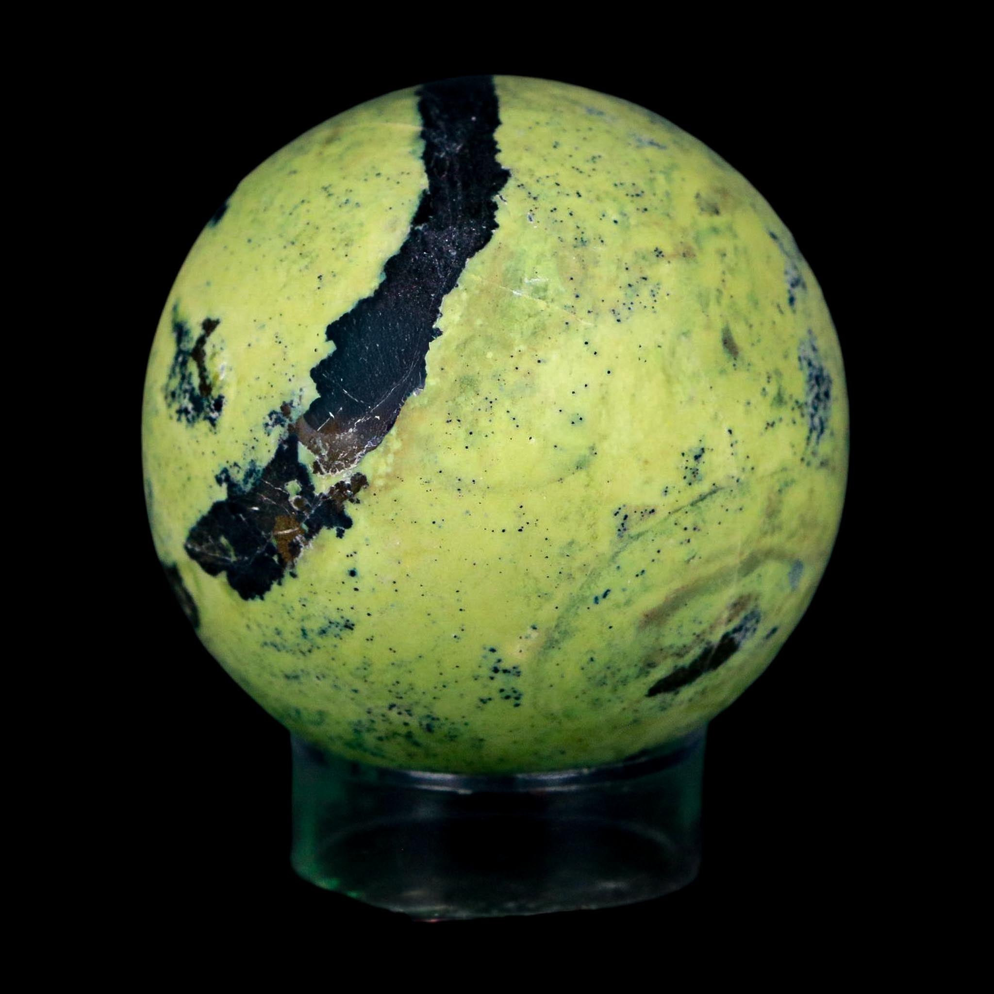 XL 53MM Natural Green & Yellow Serpentine Pyrite Sphere Ball Orb Peru Stand