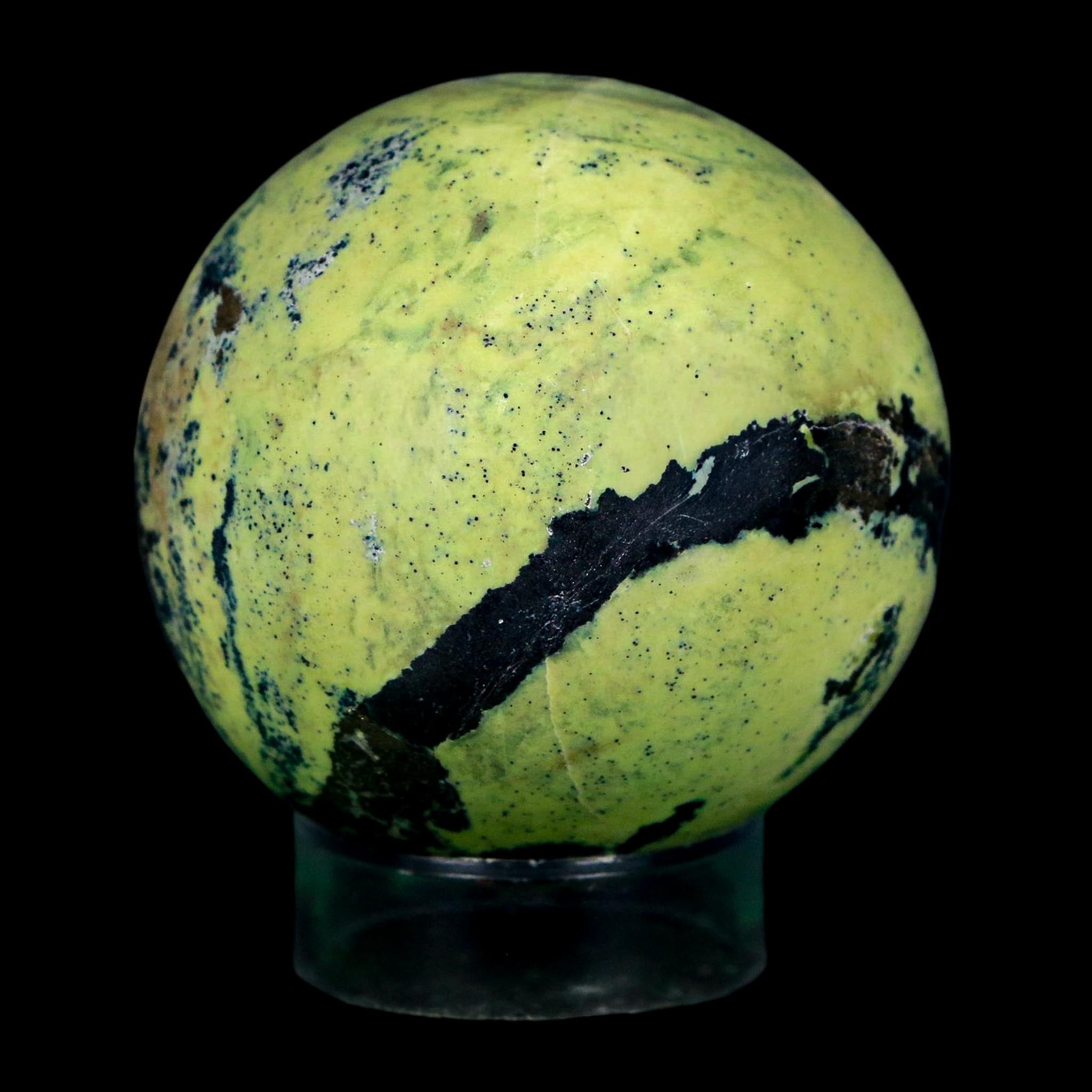 XL 53MM Natural Green & Yellow Serpentine Pyrite Sphere Ball Orb Peru Stand