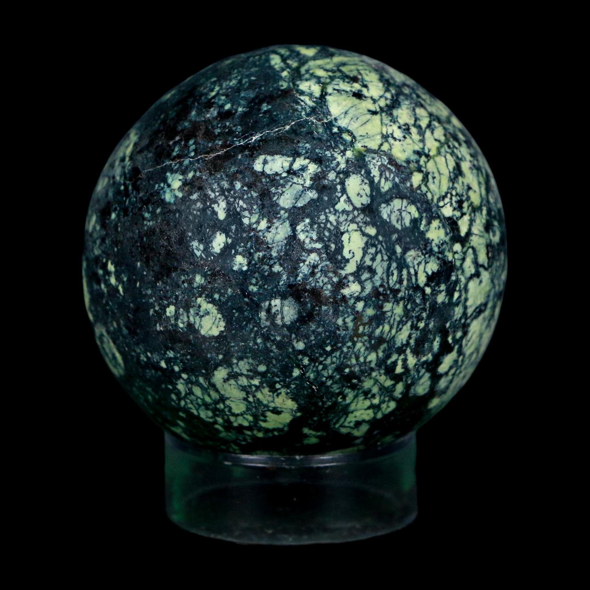 XL 51MM Natural Green & Yellow Serpentine Pyrite Sphere Ball Orb Peru Stand - Fossil Age Minerals