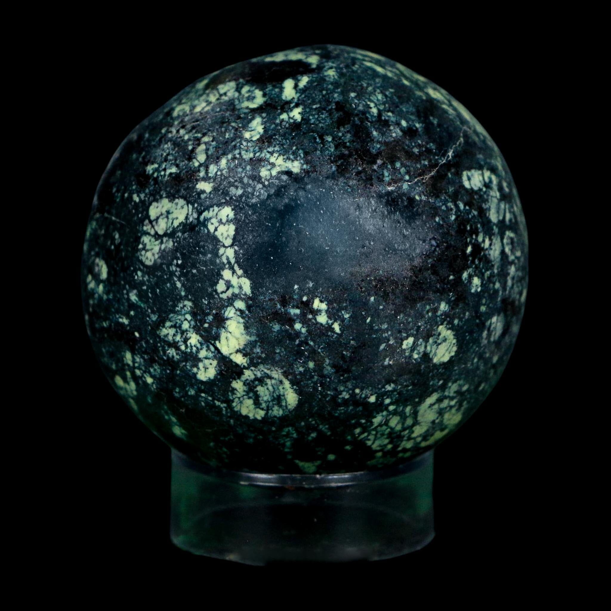 XL 51MM Natural Green & Yellow Serpentine Pyrite Sphere Ball Orb Peru Stand - Fossil Age Minerals