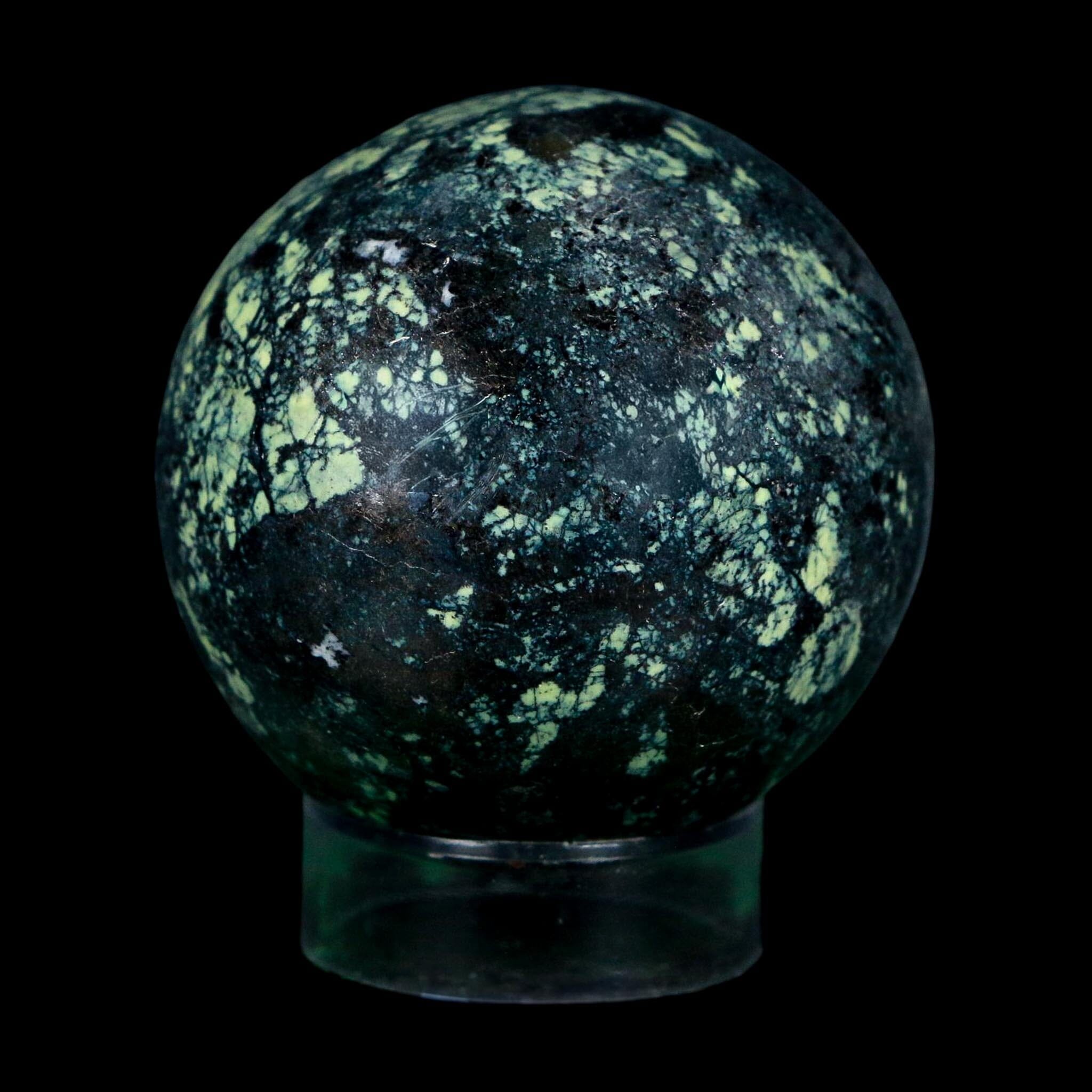 XL 51MM Natural Green & Yellow Serpentine Pyrite Sphere Ball Orb Peru Stand - Fossil Age Minerals
