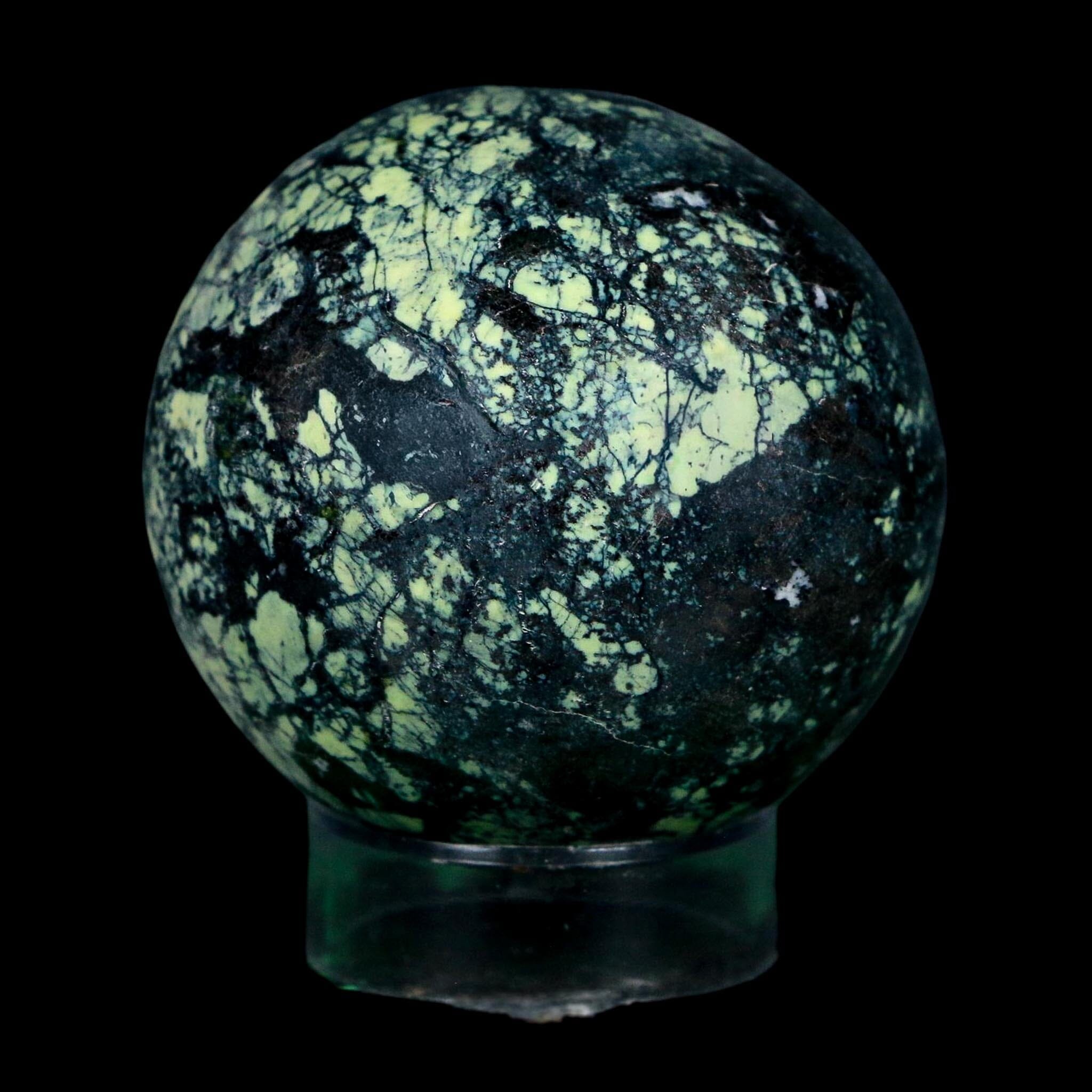 XL 51MM Natural Green & Yellow Serpentine Pyrite Sphere Ball Orb Peru Stand - Fossil Age Minerals