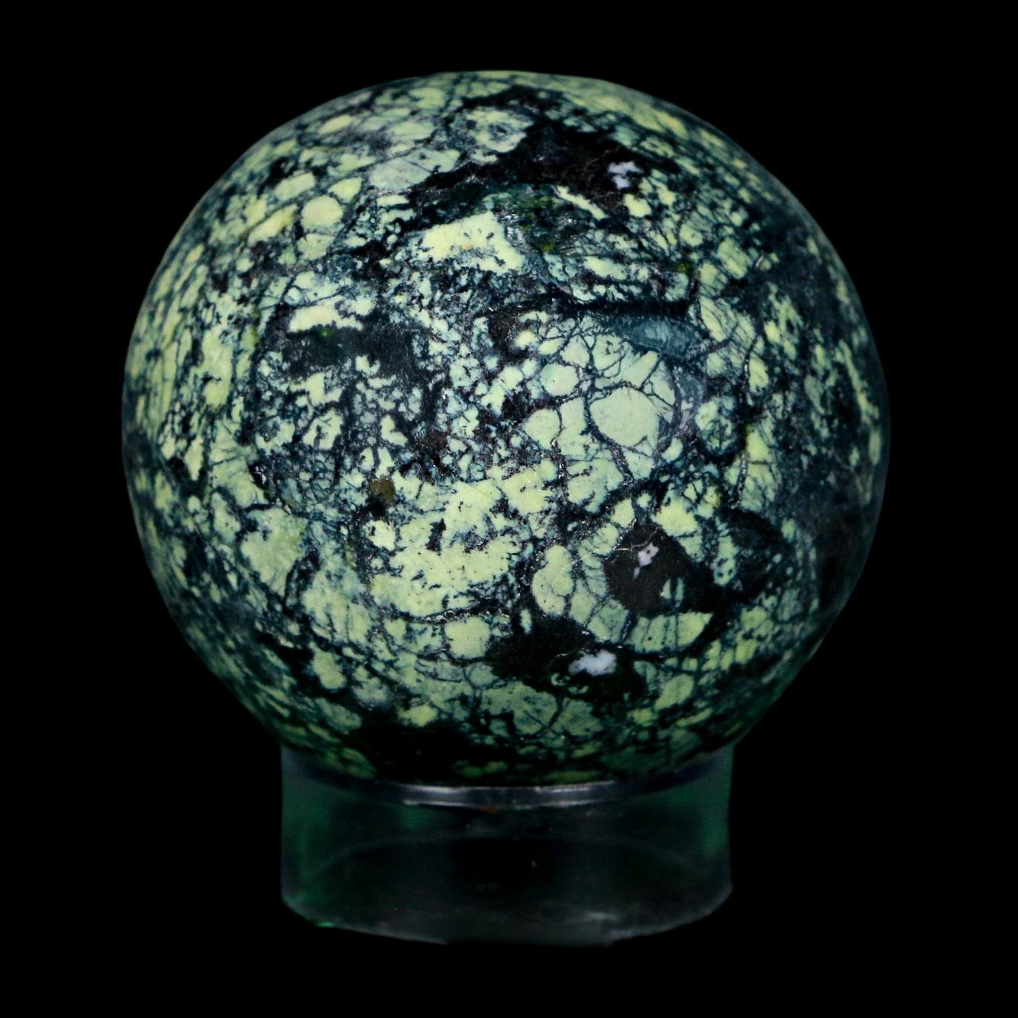 XL 51MM Natural Green & Yellow Serpentine Pyrite Sphere Ball Orb Peru Stand - Fossil Age Minerals