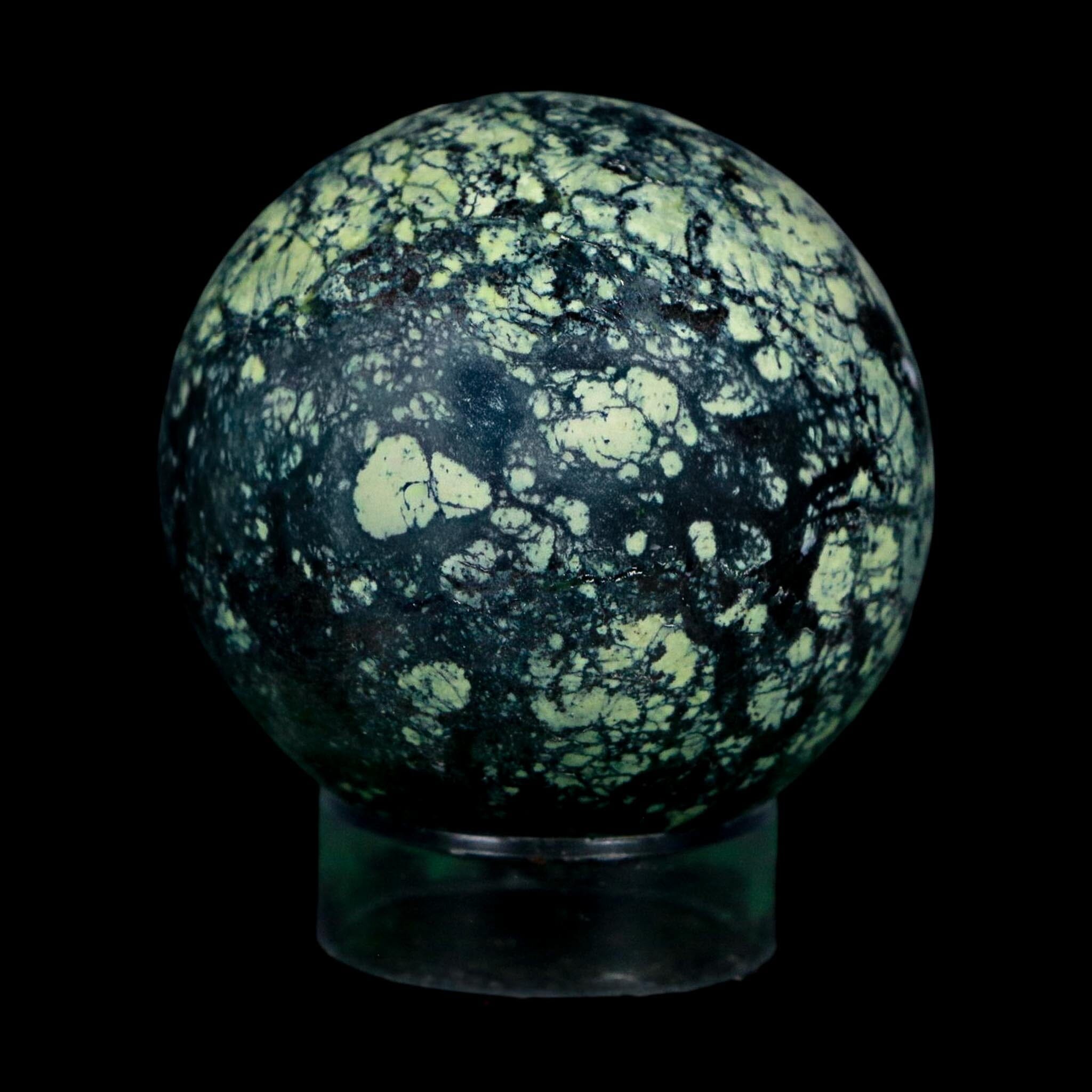 XL 51MM Natural Green & Yellow Serpentine Pyrite Sphere Ball Orb Peru Stand - Fossil Age Minerals