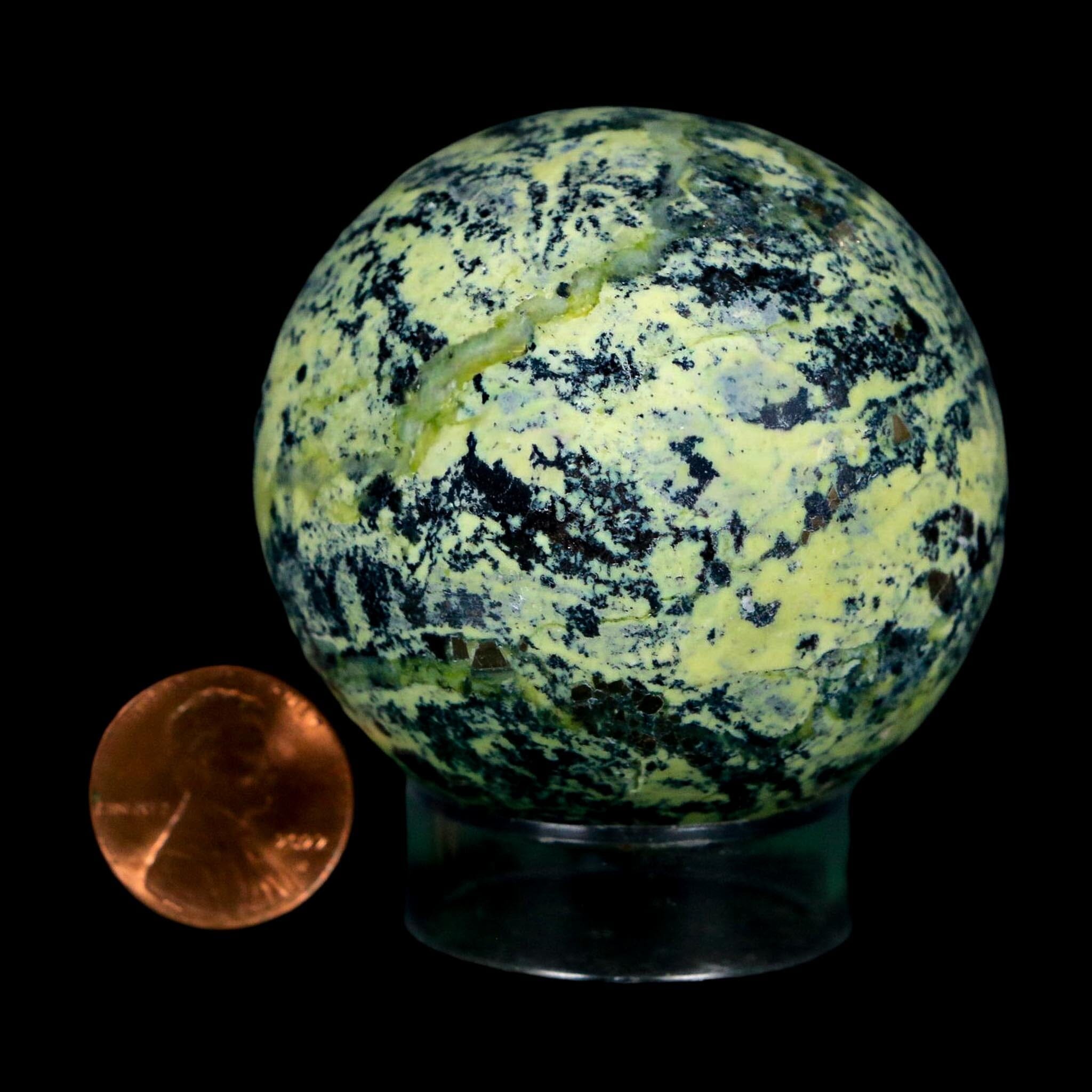 XL 51MM Natural Green & Yellow Serpentine Pyrite Sphere Ball Orb Peru Stand - Fossil Age Minerals