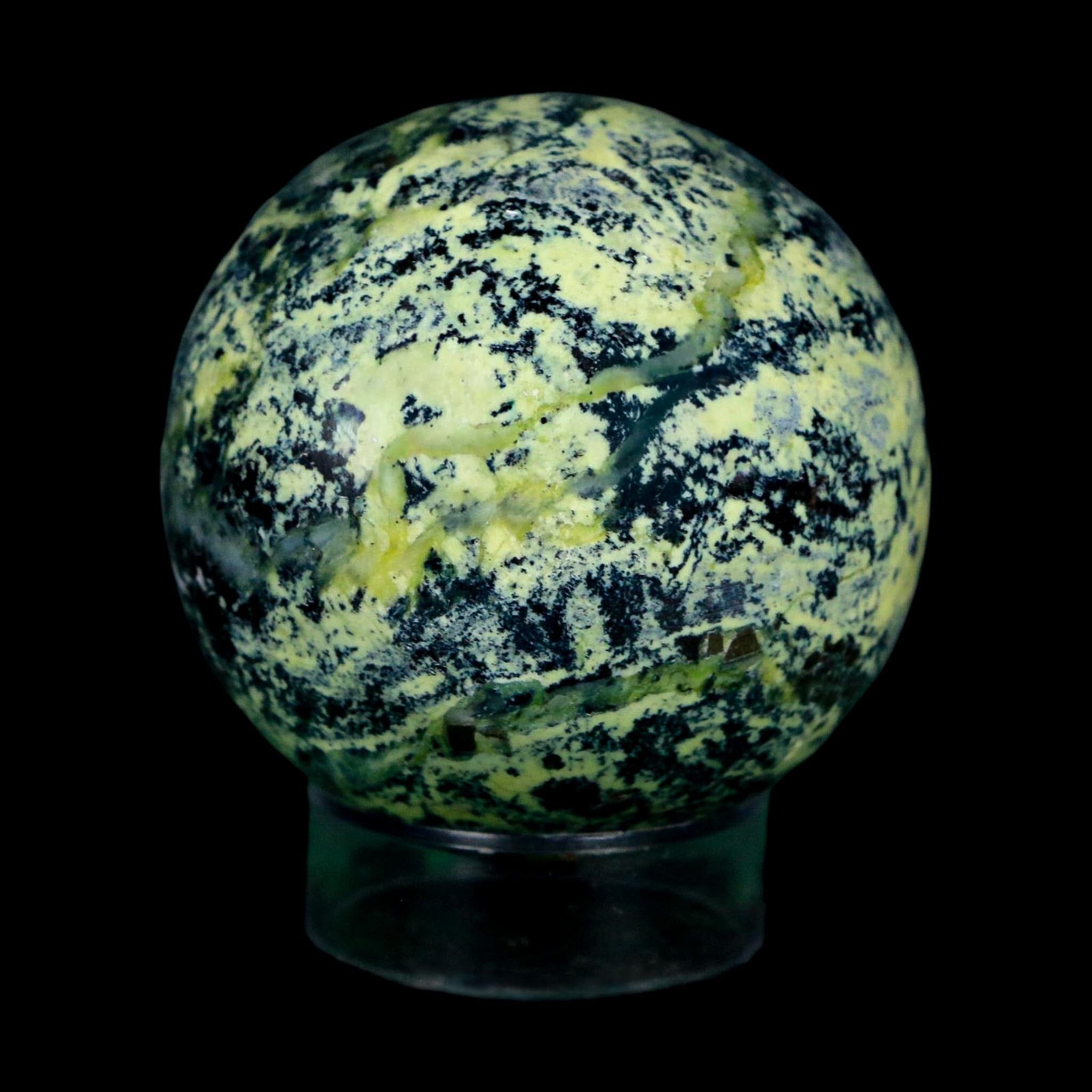 XL 51MM Natural Green & Yellow Serpentine Pyrite Sphere Ball Orb Peru Stand - Fossil Age Minerals