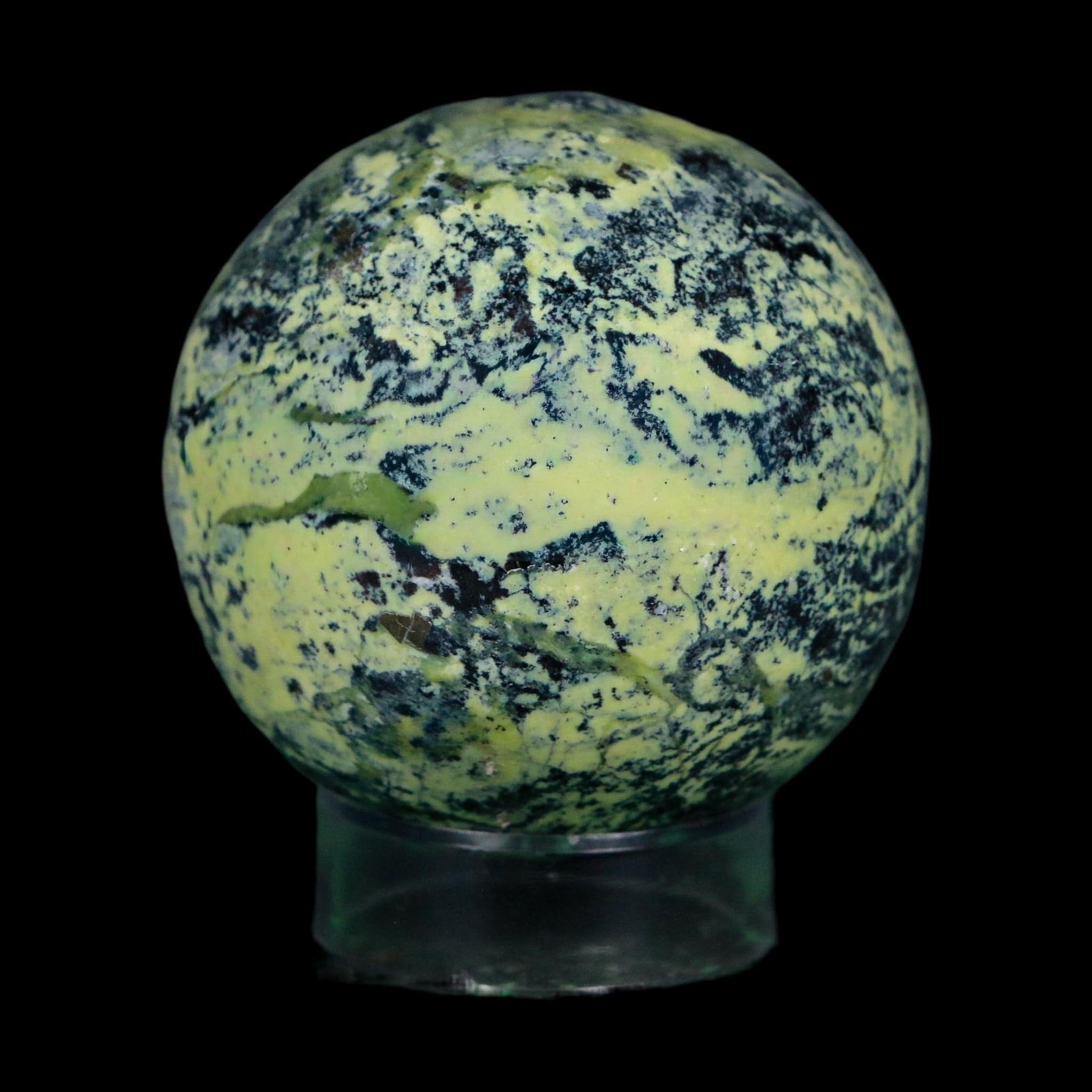 XL 51MM Natural Green & Yellow Serpentine Pyrite Sphere Ball Orb Peru Stand - Fossil Age Minerals