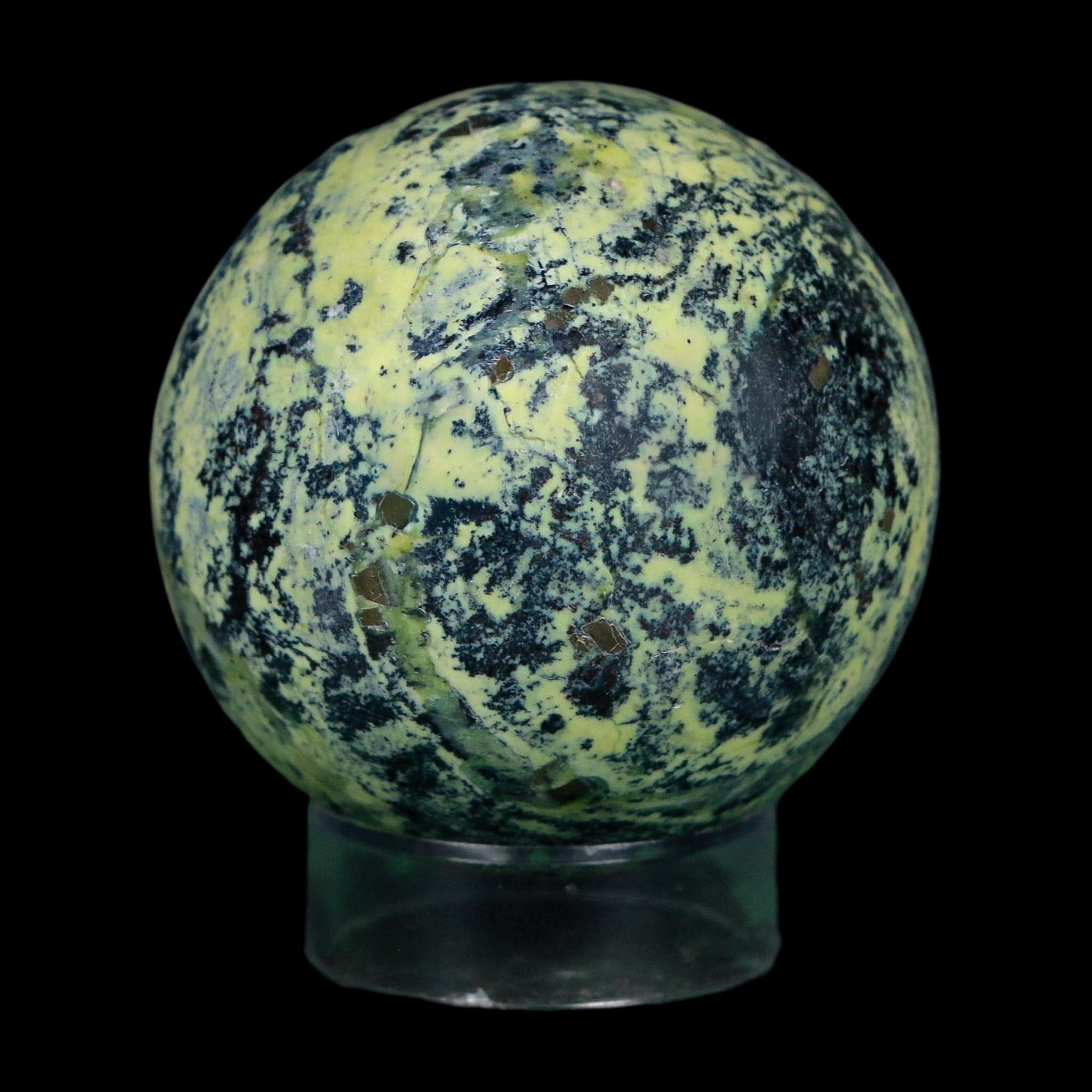 XL 51MM Natural Green & Yellow Serpentine Pyrite Sphere Ball Orb Peru Stand - Fossil Age Minerals