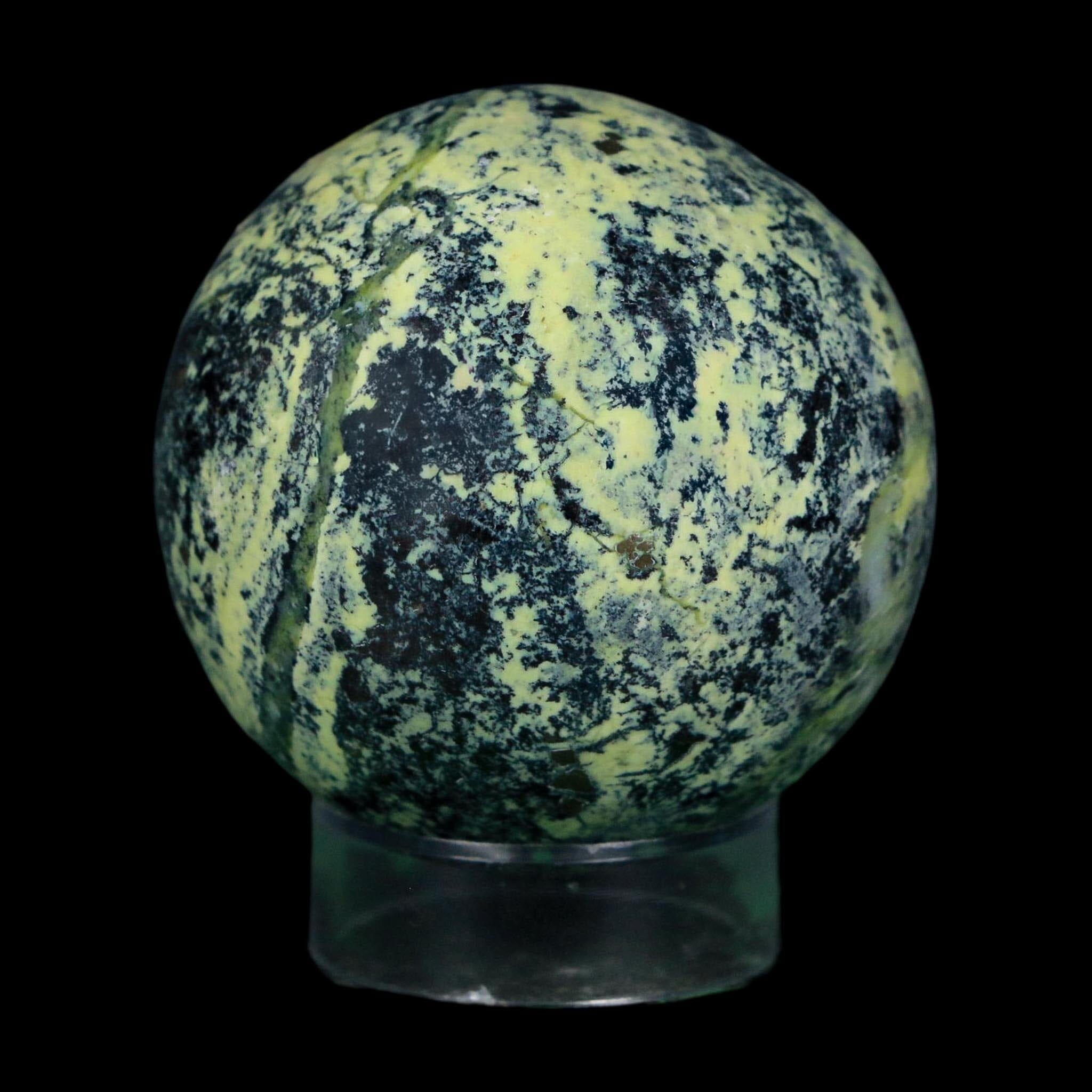 XL 51MM Natural Green & Yellow Serpentine Pyrite Sphere Ball Orb Peru Stand - Fossil Age Minerals
