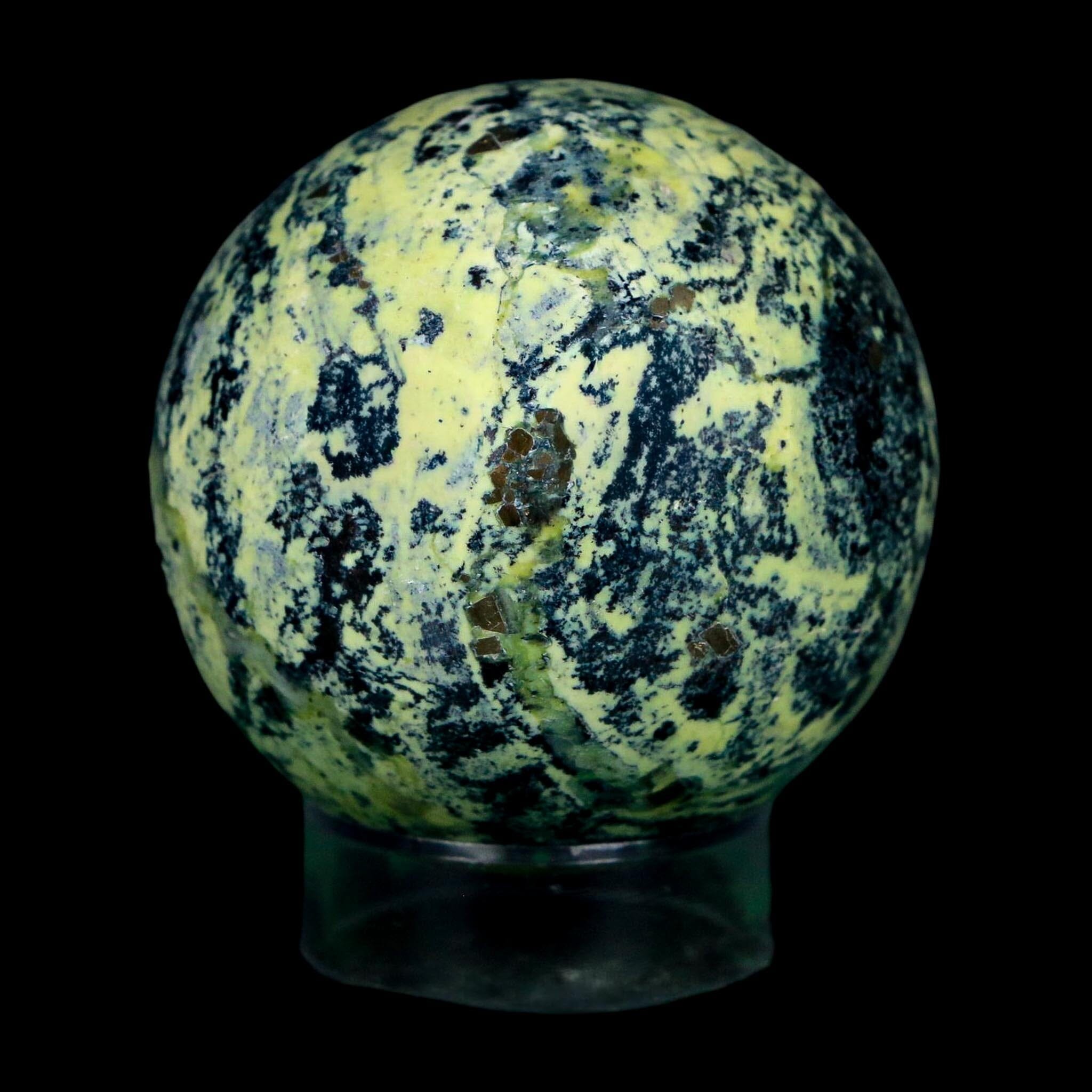 XL 51MM Natural Green & Yellow Serpentine Pyrite Sphere Ball Orb Peru Stand - Fossil Age Minerals