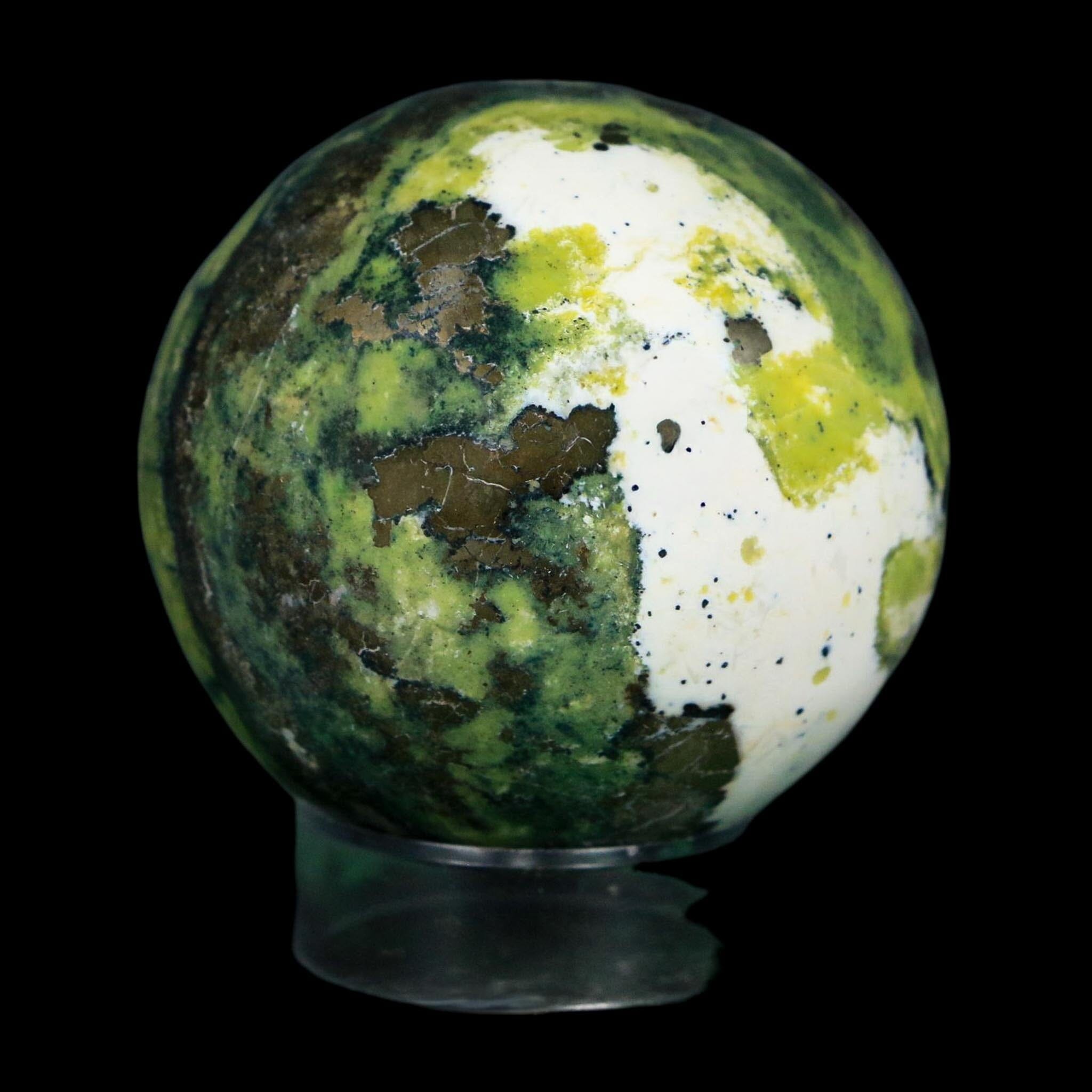 XL 53MM Natural Green & Yellow Serpentine Pyrite Sphere Ball Orb Peru Stand - Fossil Age Minerals