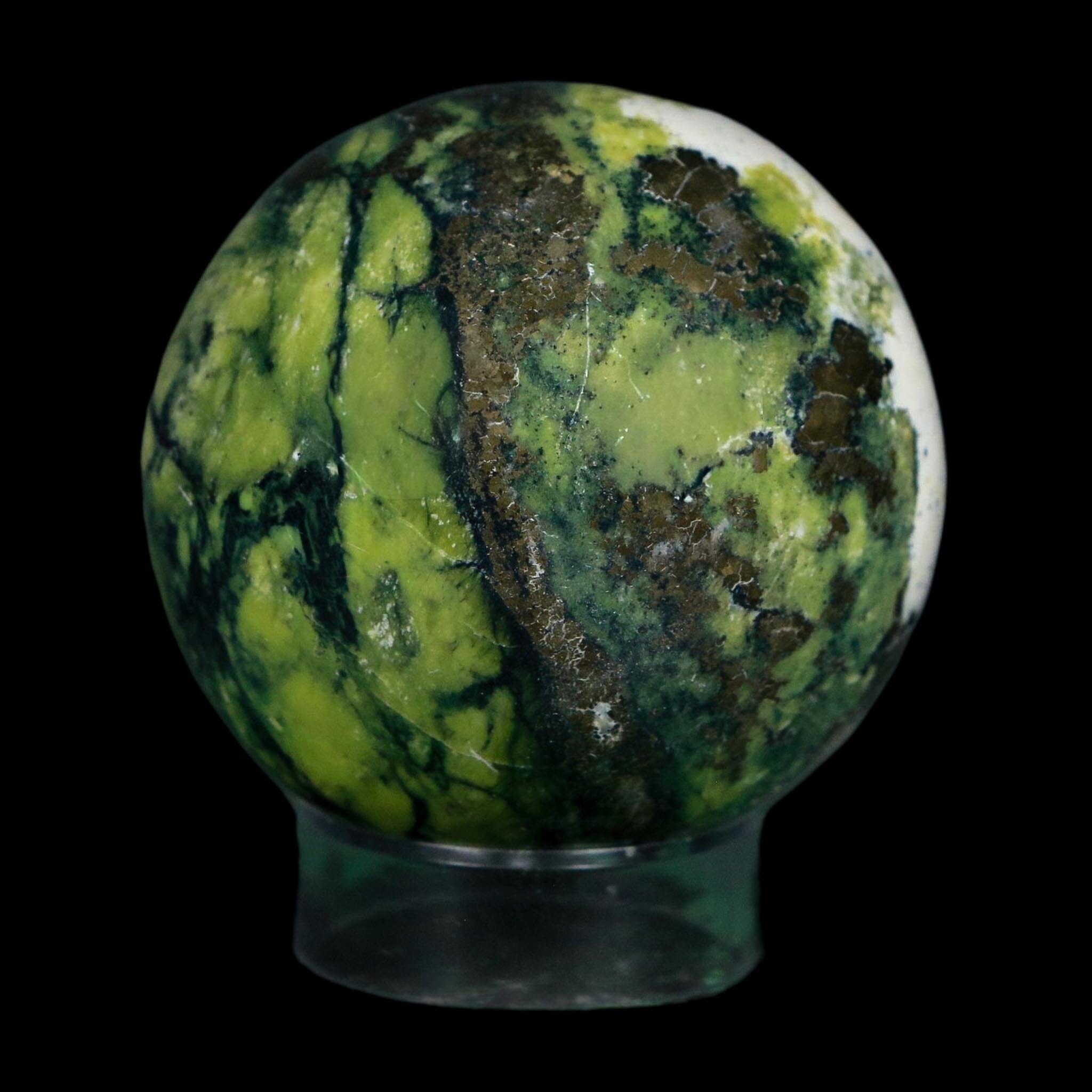 XL 53MM Natural Green & Yellow Serpentine Pyrite Sphere Ball Orb Peru Stand - Fossil Age Minerals